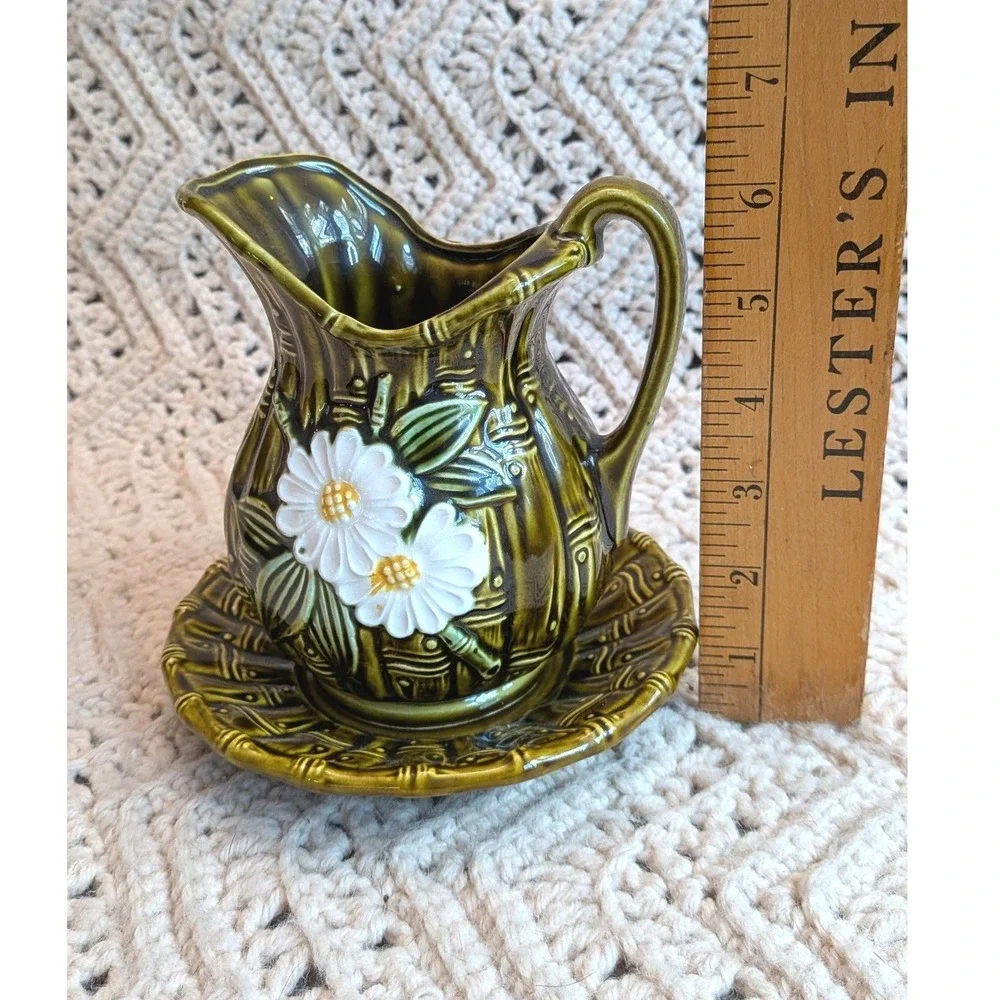 Vintage Japan Olive Green Bamboo Ceramic Creamer Saucer Set Daisy‎ Dragonfly